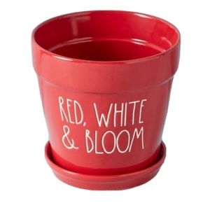 Rae Dunn RED WHITE AND BLOOM planter 7 inch pot and saucer Patriotic